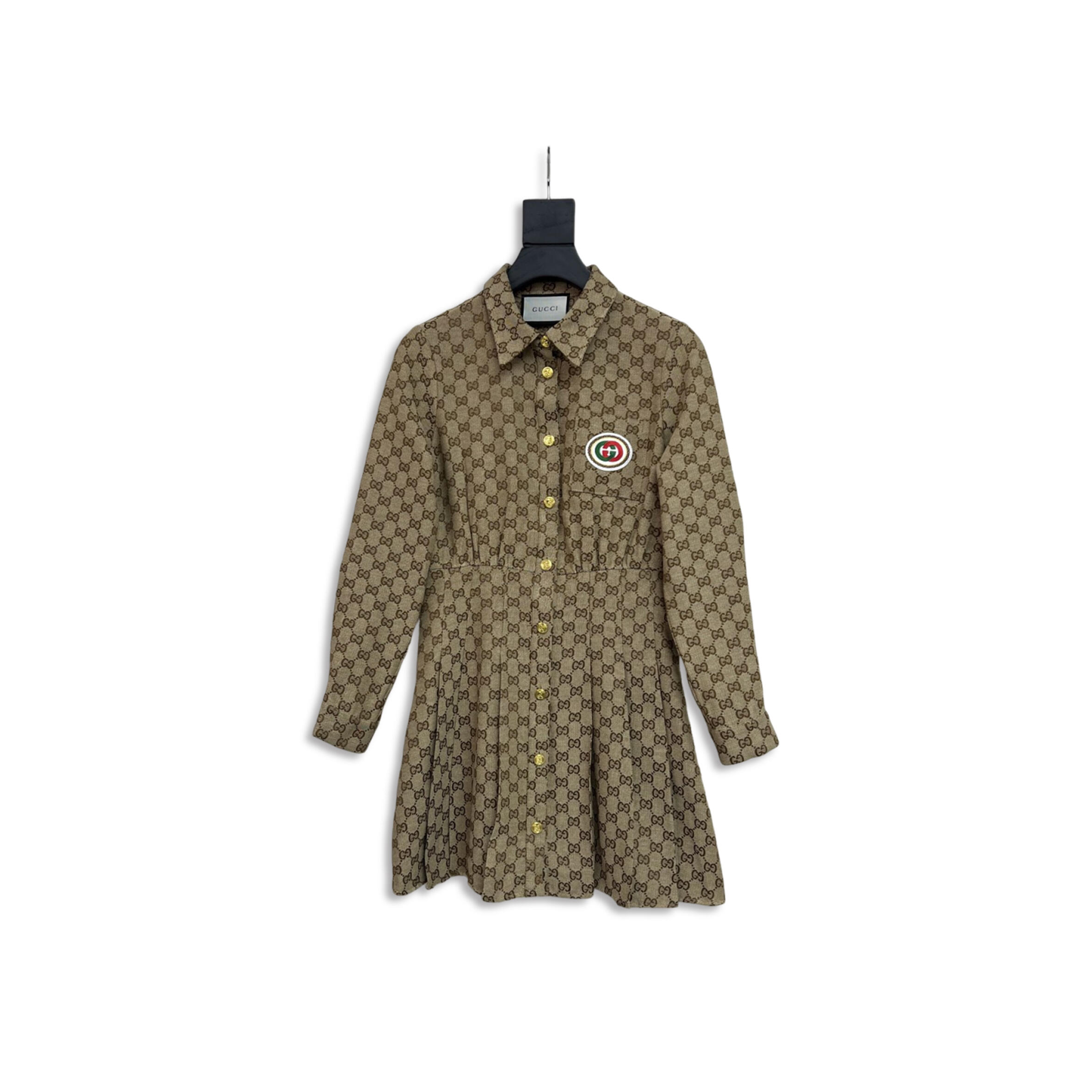 GUCCI COLLARED LONG-SLEEVED FITTED WAIST PLEATED DRESS GUCCI COLLARED LONG-SLEEVED FITTED WAIST PLEATED DRESS